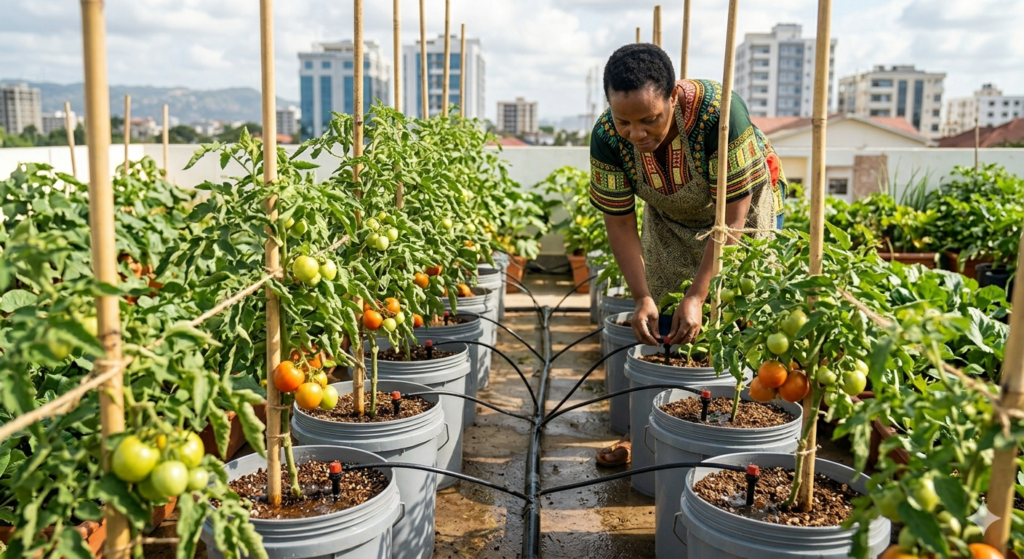 Miche ya Nyanya Ikiwa Imekua na Mfumo wa Umwagiliaji
